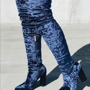 Blue crushed velvet over the knee boots